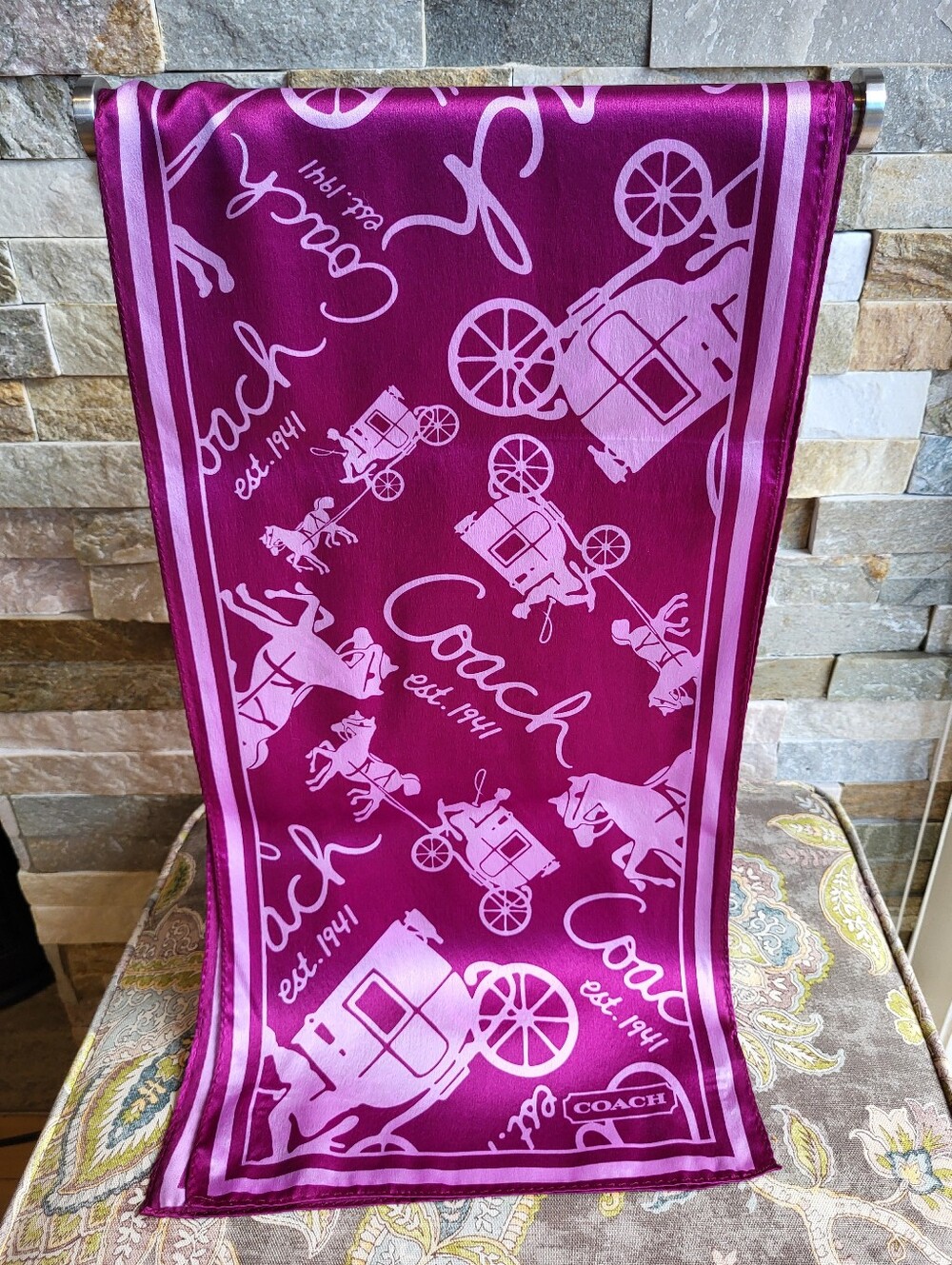 Coach 100% Silk Scarf in Magenta and Light Pink Carriage Print
